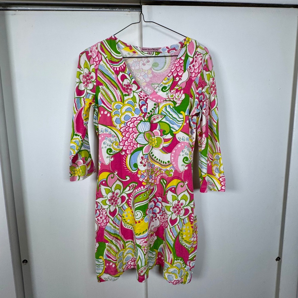 Barbara Gerwit Vintage Pink Floral Psychedelic V-Neck 3/4 Sleeve Knit Dress M SS